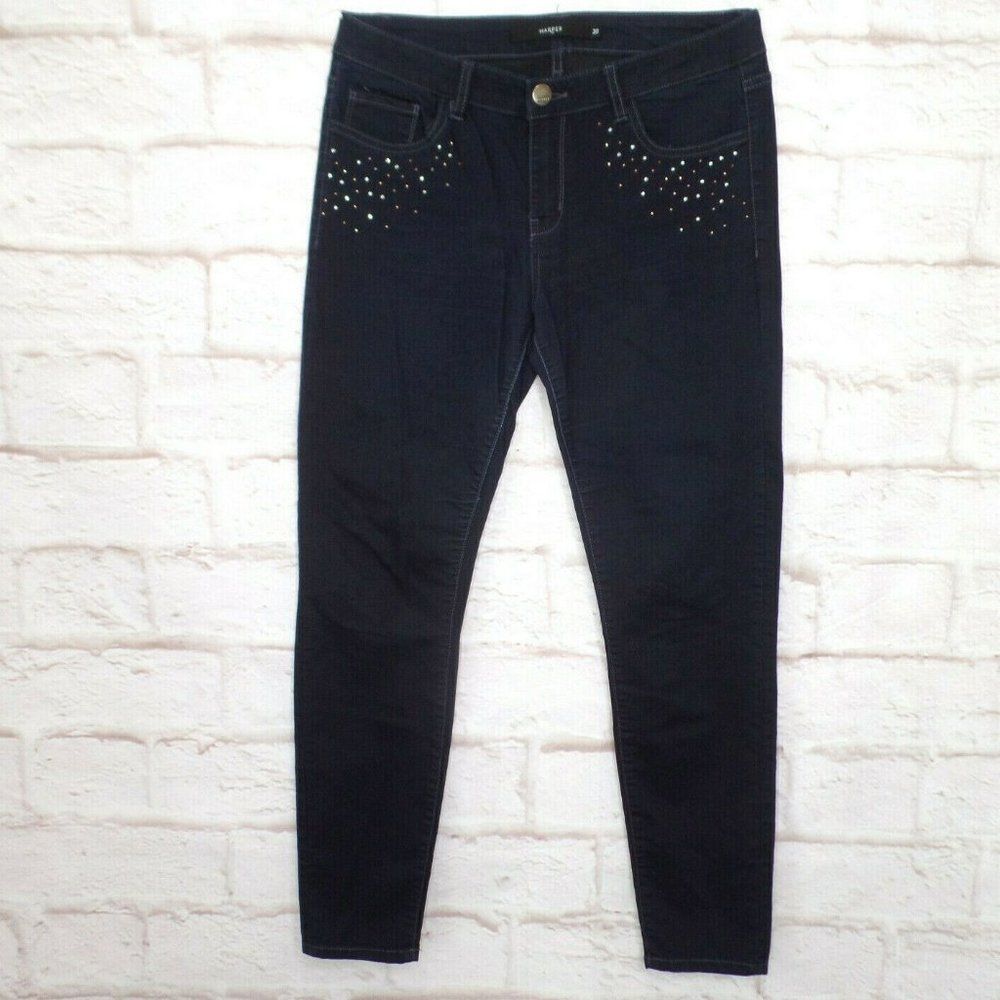 Harper Skinny Jeans Dark Wash Stretch Jeans with Rhinestones Size 30